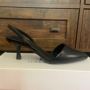 Black slingback pointed toe kitten heels